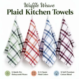 Waffle Weave Plaid Kitchen Towels Quick Dry Honeycomb Texture 4 Classic Colors Soft Premium Cotton Blend Dish Towel