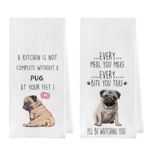 Waffle Weave Polyester Kitchen Towels Set Decorative Hand Tea Towels 16×24 Inch Set of 2 Kitchen Bathroom Pug Design