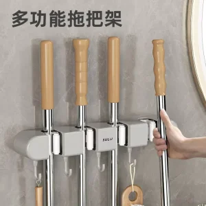 Wall-Mount Self-Adhesive Mop and Broom Holder with No Drilling Hanger for Home and Garden