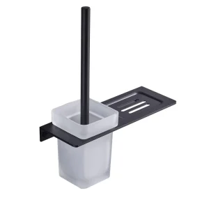 Wall-Mount Toilet Brush Holder with Shelf, Matte Black Aluminum, for Home and Hotel