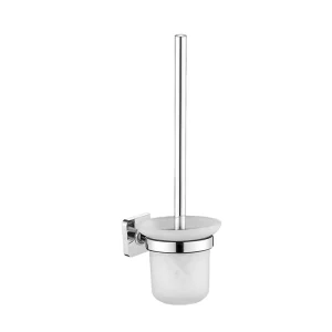 Wall-Mounted Brass Chrome Toilet Brush Holder Set with Square Base and Transparent Round Glass Cup
