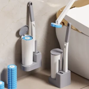 Wall-Mounted Grey and White Plastic Toilet Cleaning Brush Holder with Sponge Head