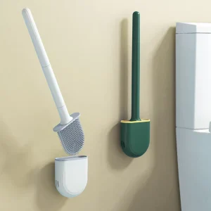 Wall Mounted Household Toilet Cleaning Brush Set Punch Free Silicone Long Handheld Style PP Material Modern Design