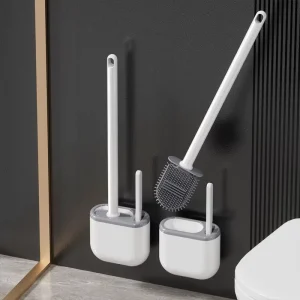 Wall Mounted No-Drill Toilet Brush Set with Long Handle, Flat Head, and TPR Bristles