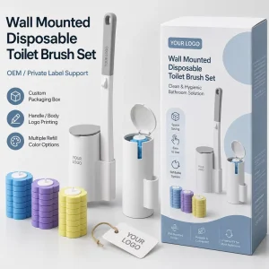 Wall-Mounted Plastic Toilet Cleaning Brush Set with Sponge Heads and Replaceable Handle