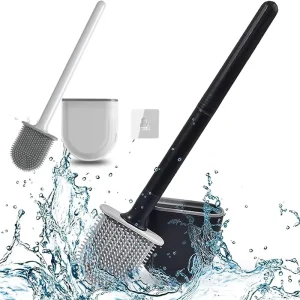 Wall-Mounted Silicone Toilet Brush Set with Long Plastic Handle