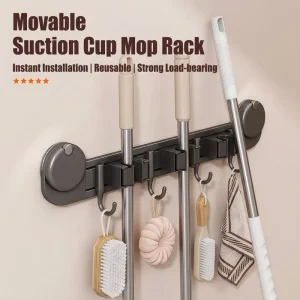 Wall-Mounted Suction Cup Mop and Broom Holder with Adhesive Rack