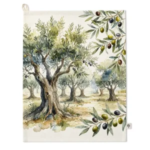Watercolor Olive Orchard Tea Towel 100% Cotton Mediterranean Landscape Print Rustic Kitchen Dish Towel 40x60cm