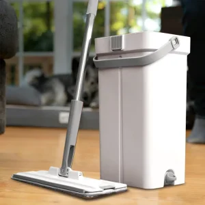 Wet/Dry Hands-Free Self-Cleaning Flat Mop Bucket Set with Nylon Brush 135cm Stainless Steel Pole and 33cm Microfiber Mop