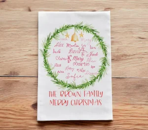 White Cotton Christmas Kitchen Towel Custom Text Printed Pine Wreath Gold Bell Seasonal Gift Home Decor Dish Towel Tea Towel