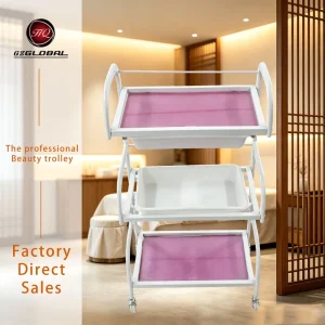 White Frame Pink Mesh 3 Tier Beauty Device Trolley With Side Extra Tray Mobile Rolling Spa Tool Cart