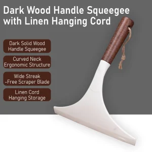 White Rubber Blade Window Squeegee with Dark Wood Window Cleaning Squeegee with Linen Hanging Cord