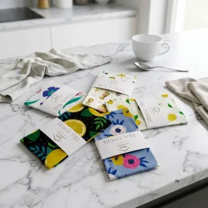 White Sustainable Eco Friendly Hypoallergenic Waffle Floral Digital Print 100% Cotton Tea Towel Kitchen Cleaning Dish Drying