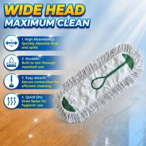 Wide Head Cotton Dust Mop Head with Green Canvas Back for Commercial Floor Cleaning