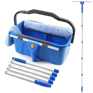 Window Cleaning Kit with Bucket Long Handle Window Squeegee Microfiber Scrubber High Windows Washing Equipment Cleaner Tool