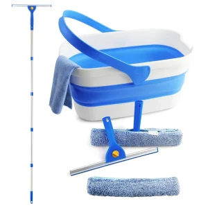 Window Cleaning Kit with Long Handle Squeegee, Scrubber, and Bucket