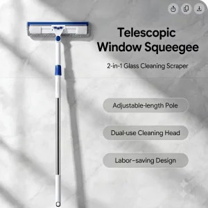 Window Squeegee Telescopic Pole Stainless Steel Microfiber Scrubber 360 Degree Rotatable Glass Wiper Durable