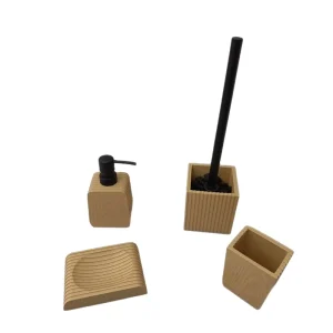 Wood Grain Resin Bathroom Accessories Set with Liquid Soap Dispenser Toilet Brush Holder Toothbrush Holder Soap Dish Factory