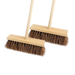 Wooden Broom with Natural Palmyra Bristles and Dustpan for Concrete, Decks, Patios, and Rough Surfaces