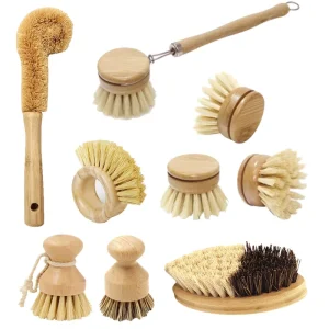 Wooden Dish and Pot Brush with Beech Wood Handle Natural Bristles and Bottle Cleaner