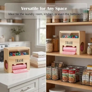 Wooden Minimalist Laundry Pod Storage Box with Compartments and 2-in-1 Trash Bag Dispenser Wall-Mounted or Countertop
