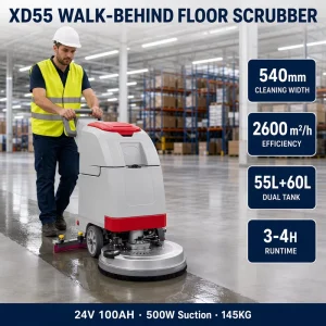 XD55 Walk-Behind Floor Scrubber Dryer 540mm Width 24V 100Ah 2200m²/h 55L Tank for Supermarkets, Malls, and Warehouses CE