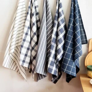 Yarn Dyed Organic Cotton Square Kitchen Towels Blue Striped Napkins Tea Towels Quick Dry Plain Woven Dish Towel