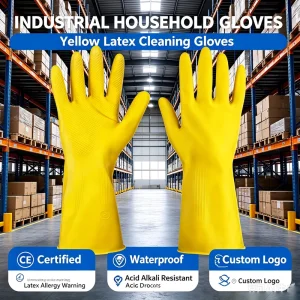 Yellow Long Cuff Latex Gloves CE Certified Waterproof Acid Alkali Resistant Household Cleaning Work Gloves OEM ODM
