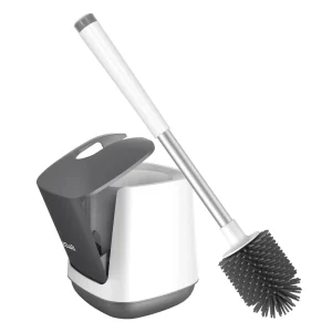 ZZHOME Round Silicone Toilet Bowl Wash Brush with Stainless Handle and Refillable Holder