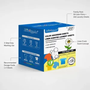 ZouRunAn Laundry Color Catcher Sheets 50 Films 240 Tablets 3 Step Easy Use Dosage Guide 1 to 4 Sheets Linen Scent OEM Vendor